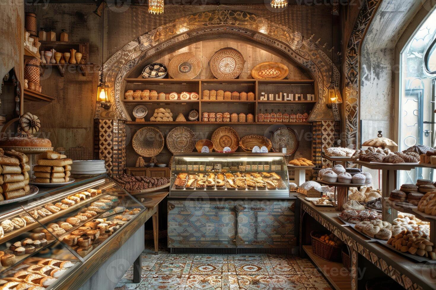 Displaying freshly baked bread and pastries in traditional bakery interior photo