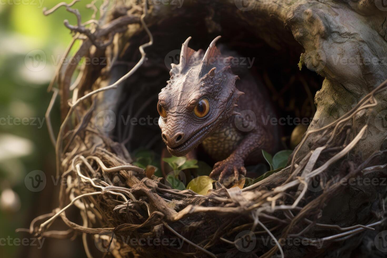 Thorny devil hiding in nest, curious reptile observing surroundings photo