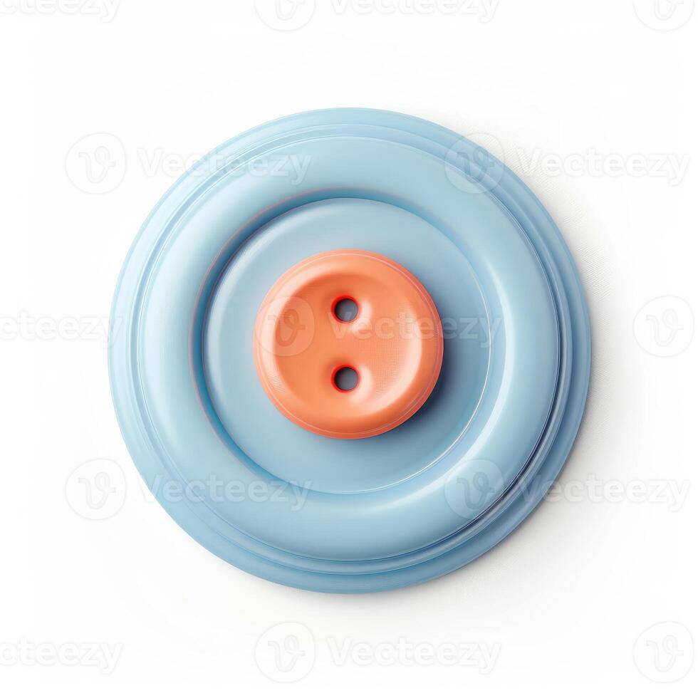 Large light blue button with two holes and salmon pink center on white background photo