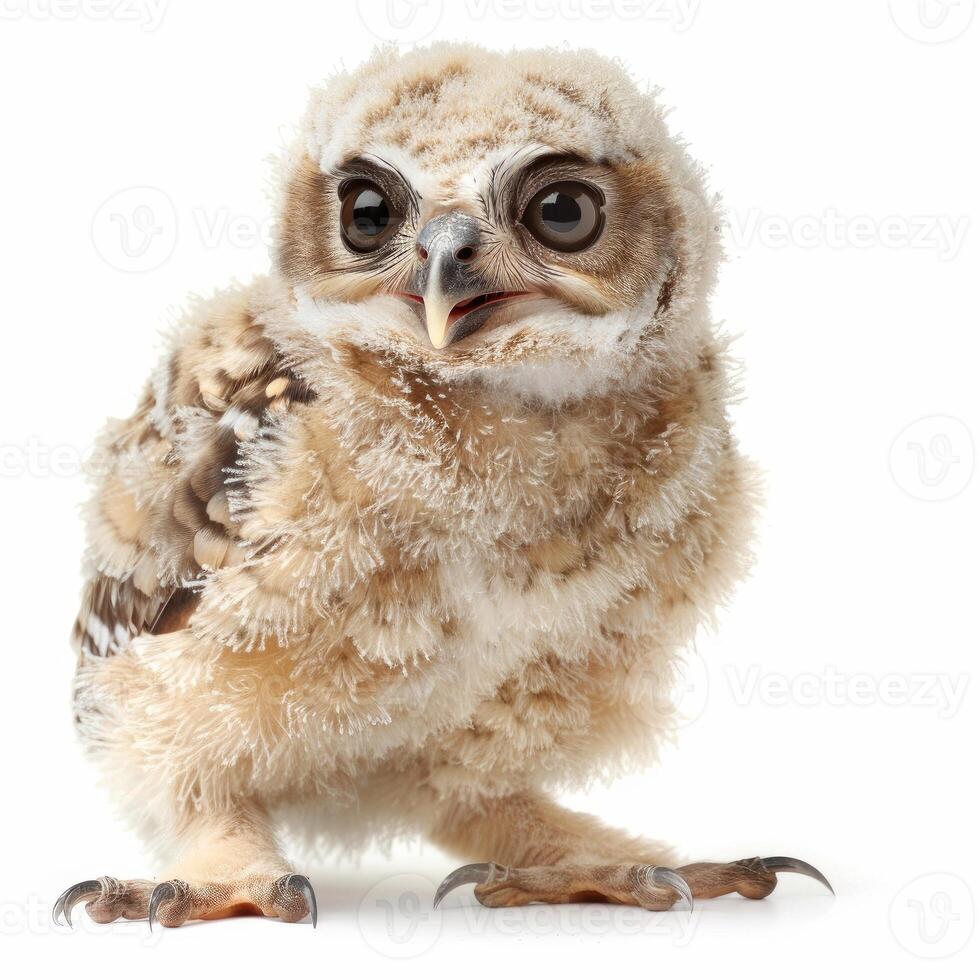 Fluffy owlet chick standing on white background photo