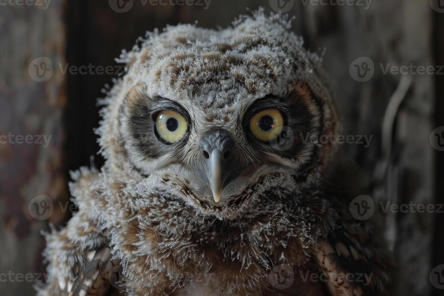 Young great horned owlet staring with intense yellow eyes photo