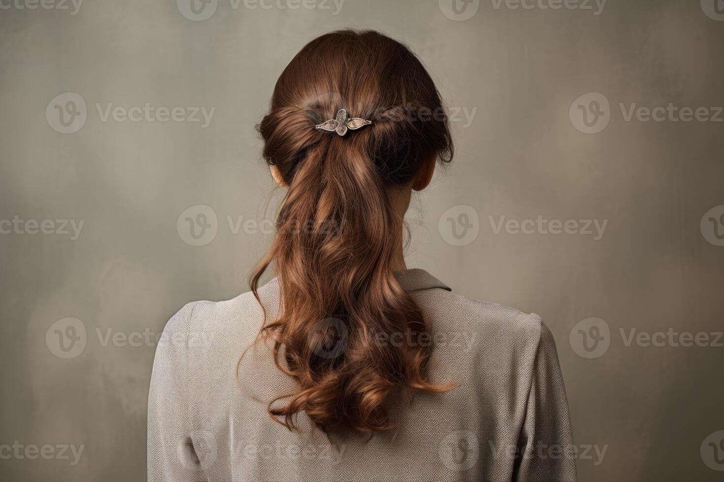Woman showing her long brown wavy hair with butterfly clip from behind photo