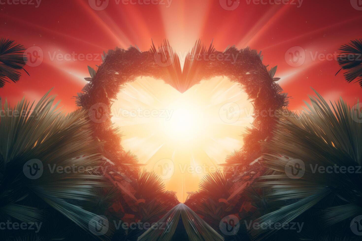 Tropical palm trees framing heart shaped sun shining bright red sky photo