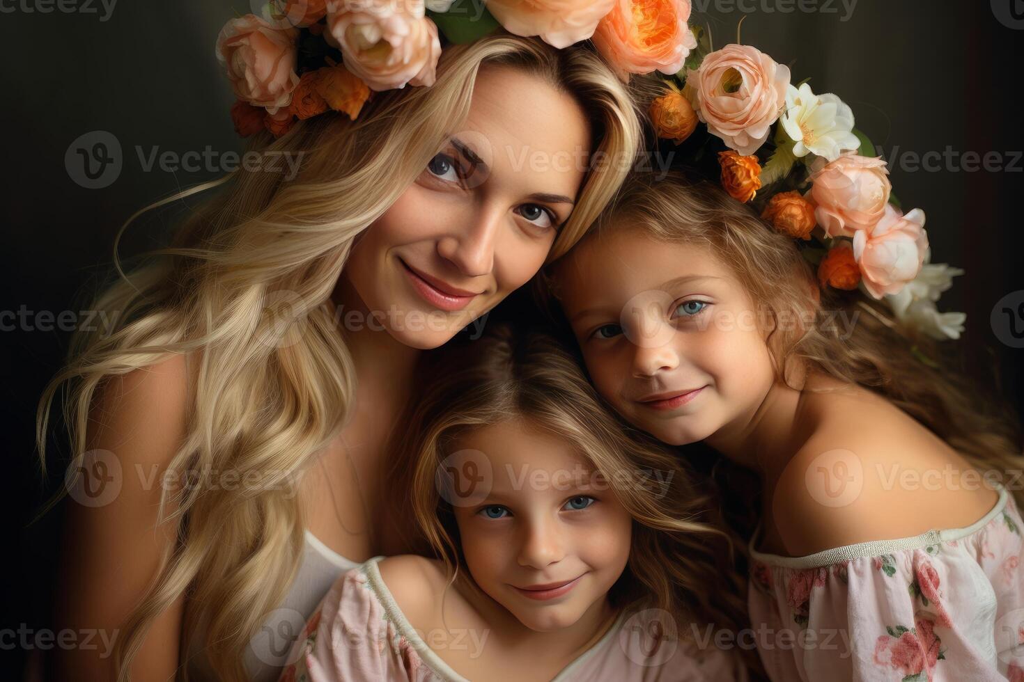 Mother wearing flower crown embracing her two daughters photo