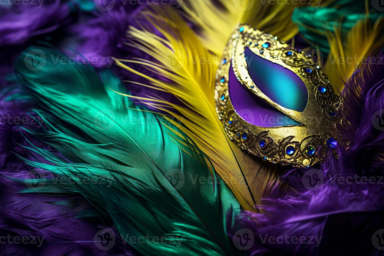 Mardi gras mask resting on colorful feathers, celebrating carnival in style photo