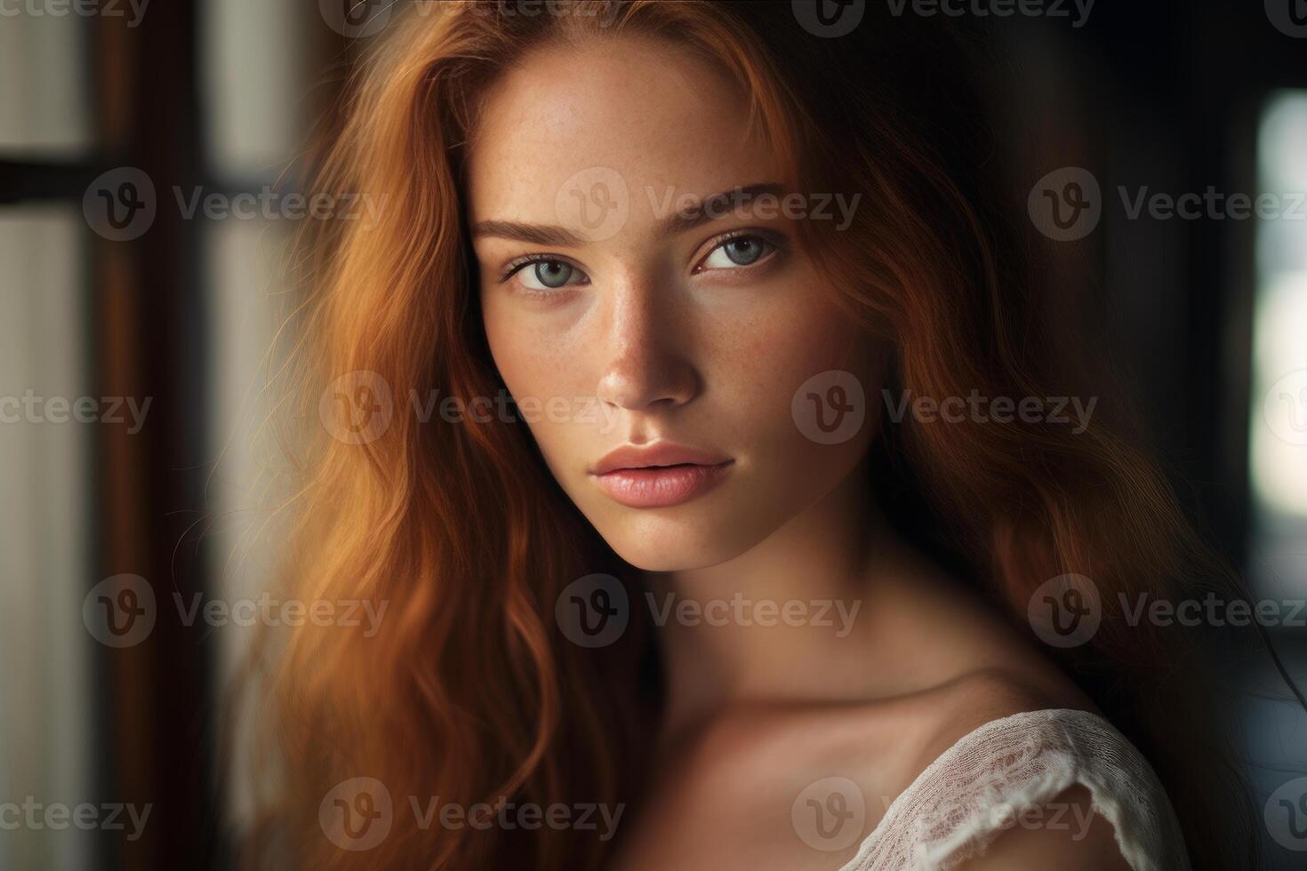 Portrait of redhead fashion model posing with serious expression photo