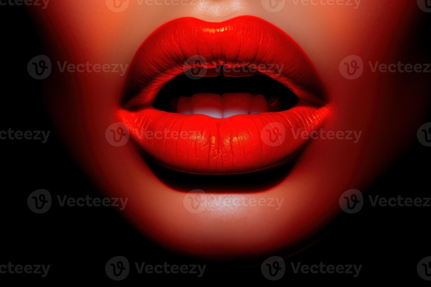 Woman red lips showing open mouth expressing surprise photo