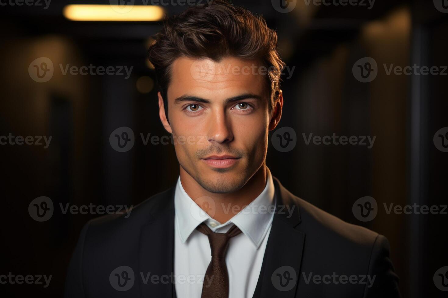 Serious businessman wearing suit and tie posing in hallway photo