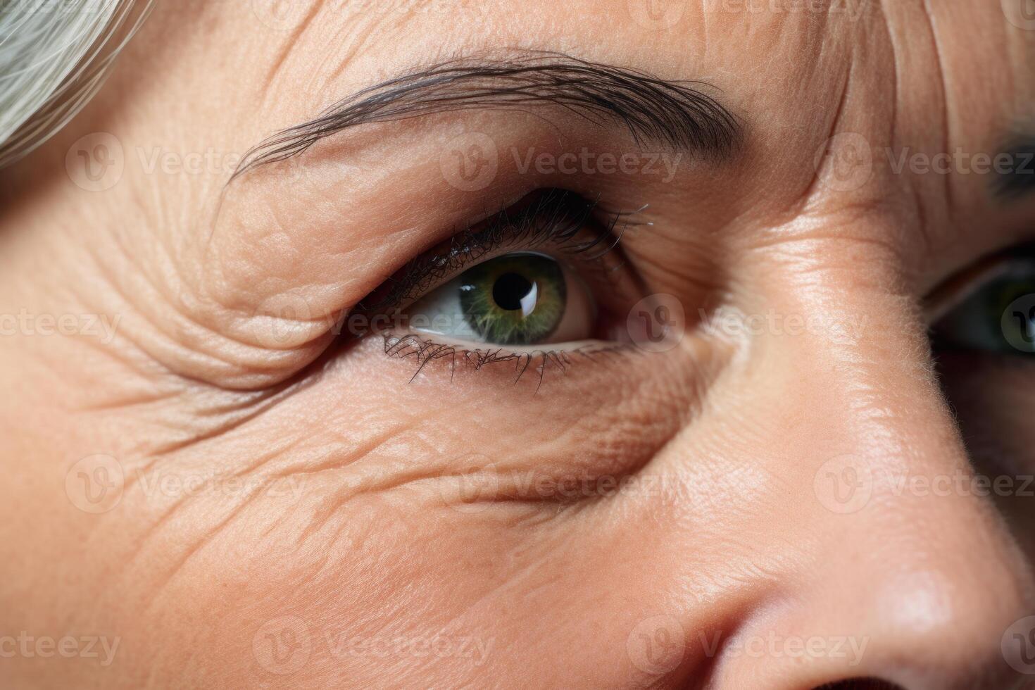 Close up of senior woman showing wrinkles and aging skin around eye photo