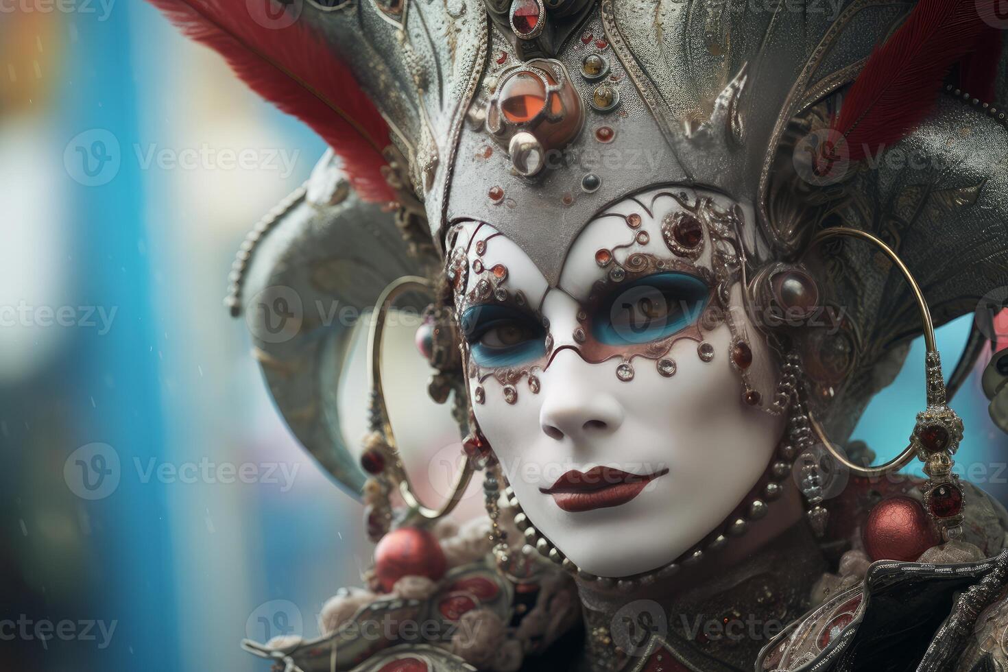 Portrait of a person wearing fantasy costume and makeup during carnival parade photo
