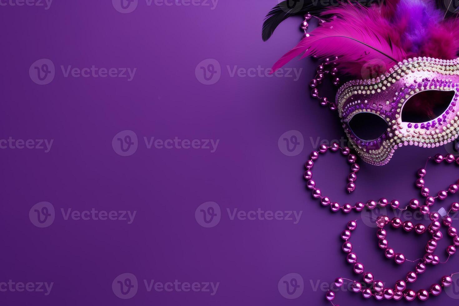 Purple festive carnival mask with feathers and beads on matching background photo