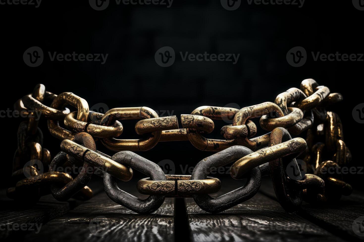Two broken metal chains resting on dark wooden surface photo