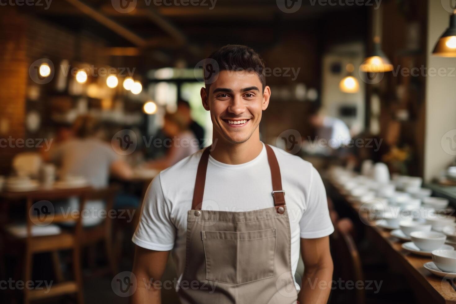 Smiling barista wearing apron in coffee shop with customers in background photo