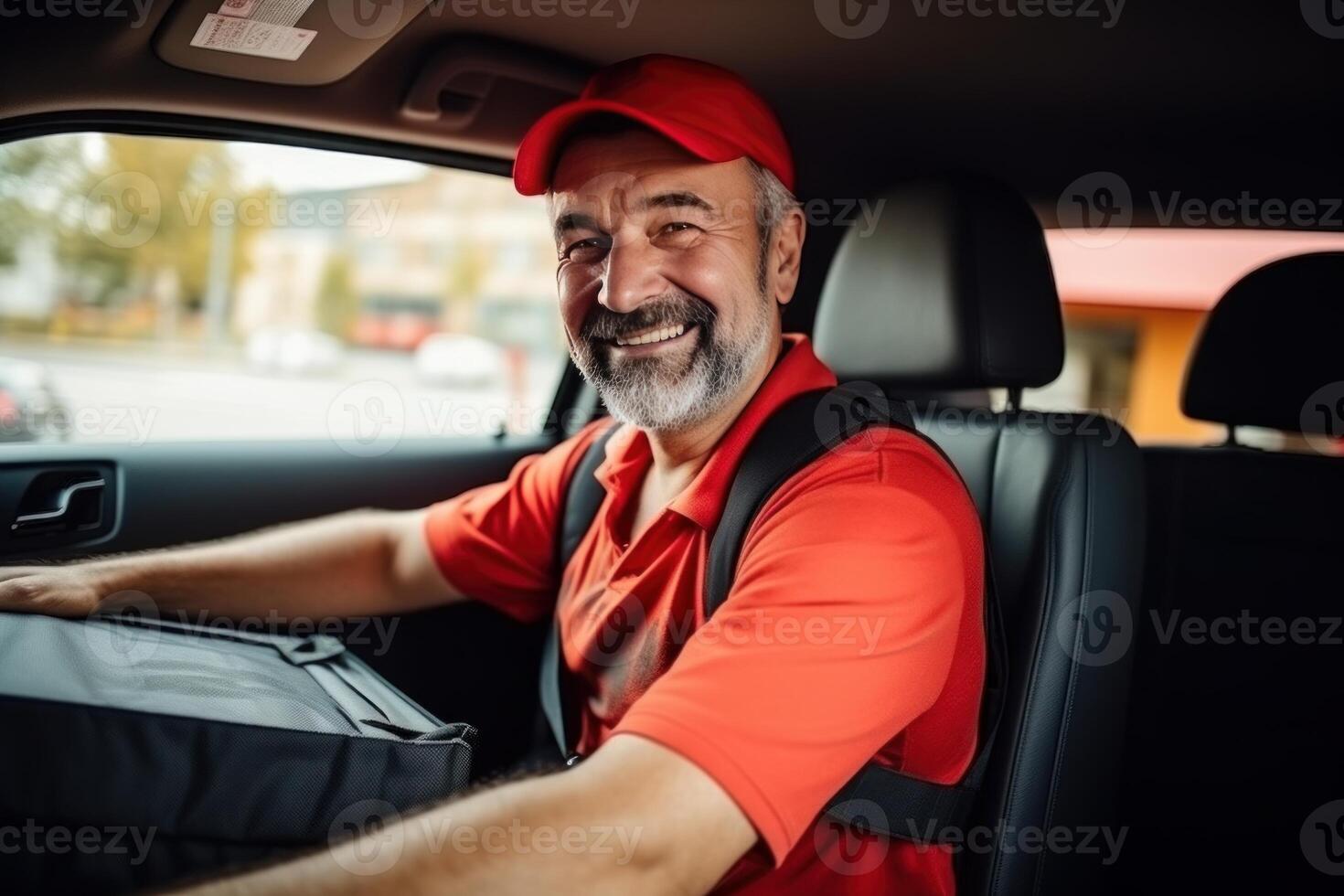 Delivery driver smiling and holding thermal bag in car photo