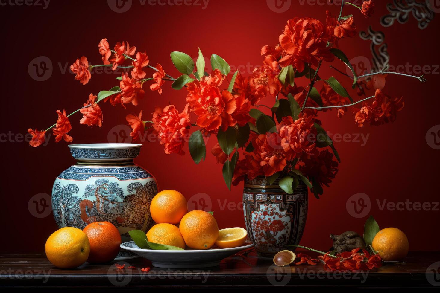 Blooming quince branches, oranges, and chinese vases creating a vibrant still life photo