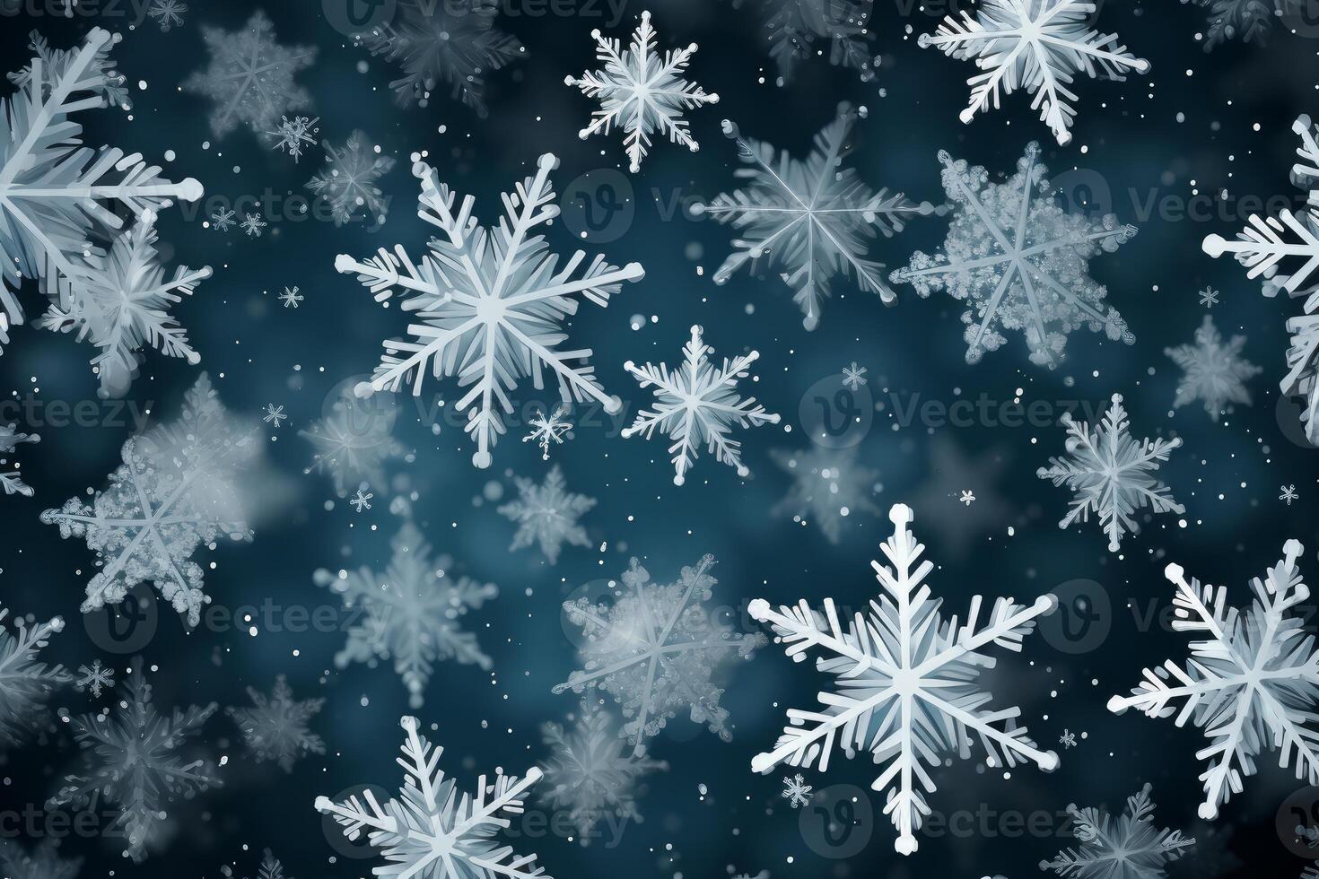Snowflakes falling softly on dark blue background creating a winter wonderland photo