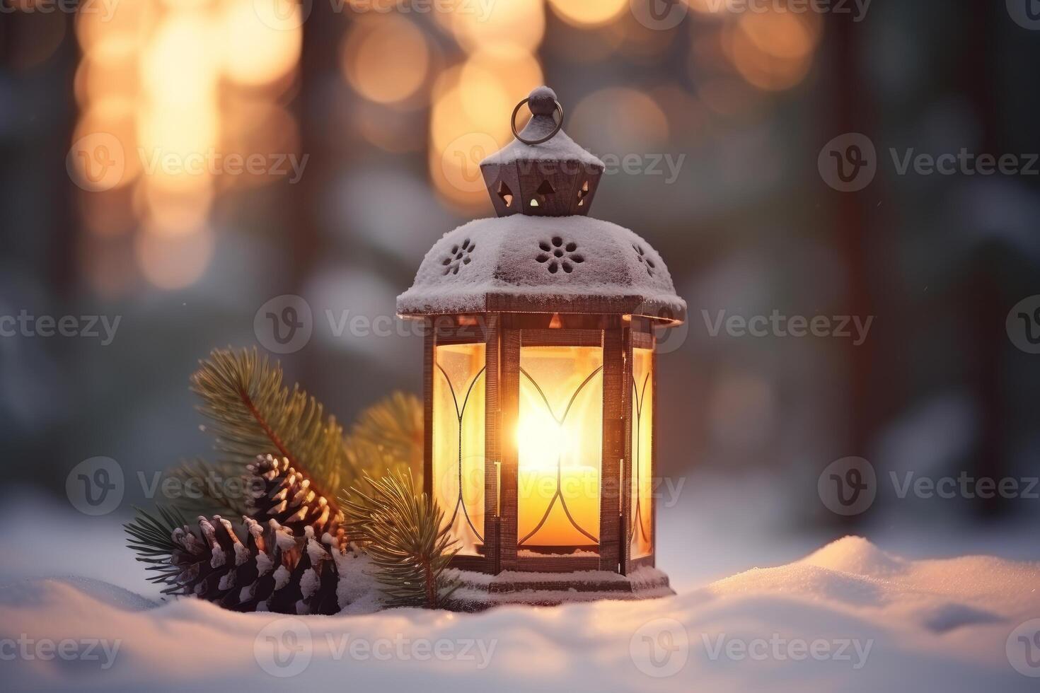 Christmas lantern illuminating snowy landscape at sunset with pine branches and cones photo