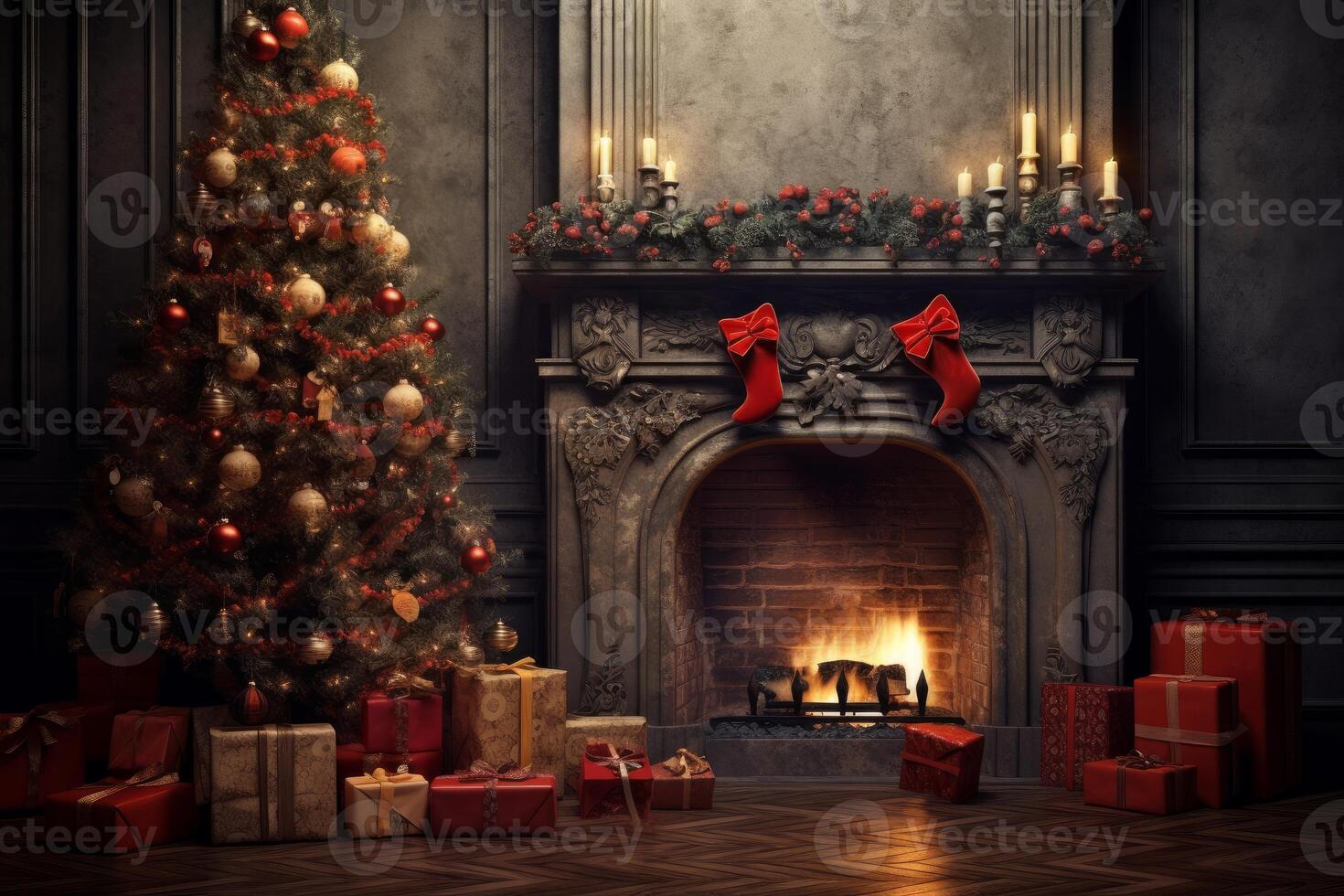 Christmas tree and fireplace creating cozy atmosphere in elegant interior design photo