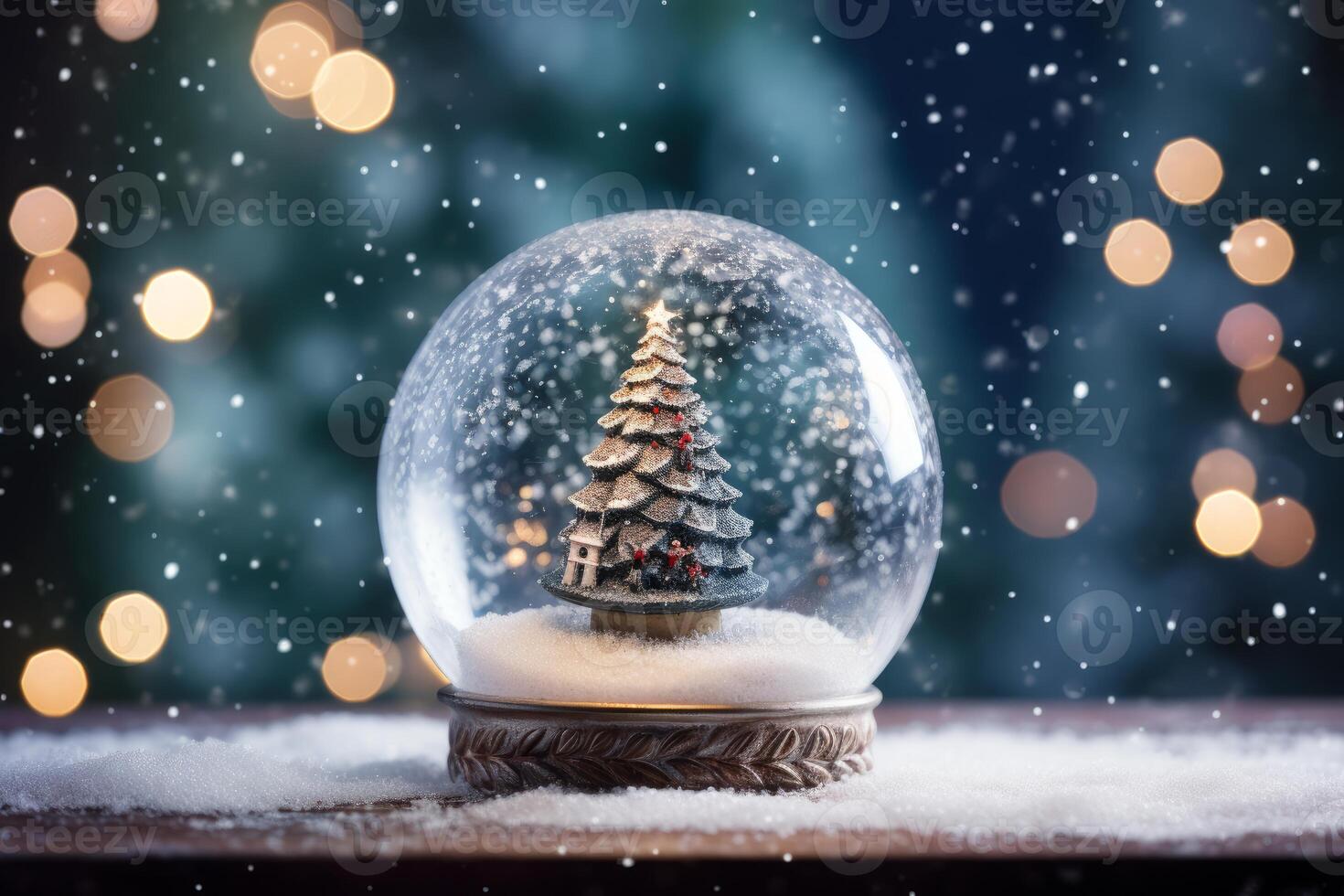 Snow globe featuring christmas tree creating magical winter wonderland atmosphere photo