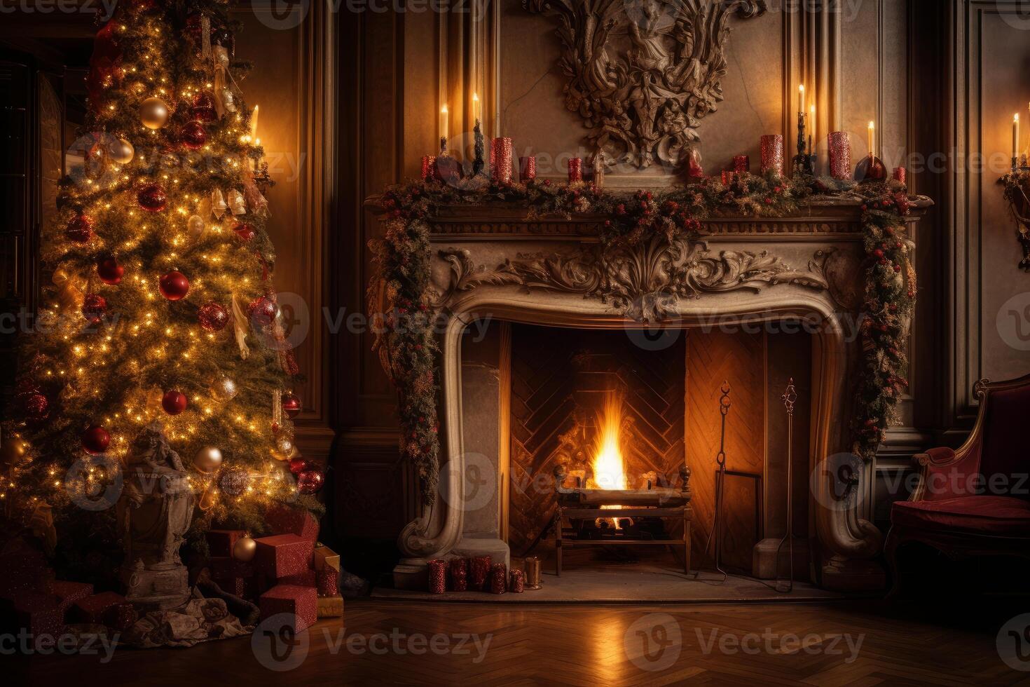 Christmas tree illuminating cozy living room with fireplace photo