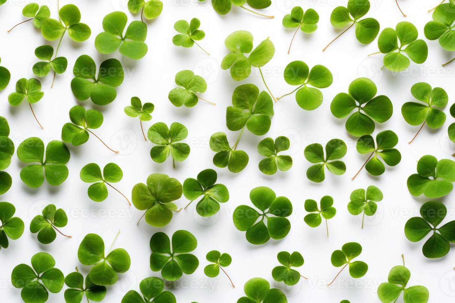 Green clovers forming a pattern on white background photo