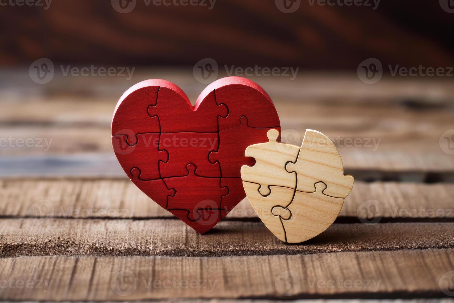 Red and wooden heart puzzles showing love and connection on rustic table photo