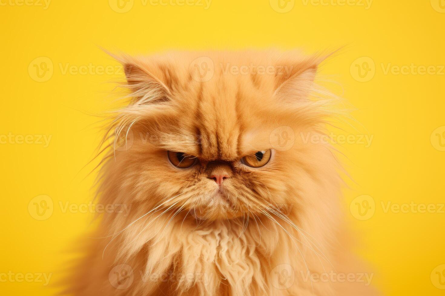 Grumpy ginger persian cat showing displeasure on yellow background photo
