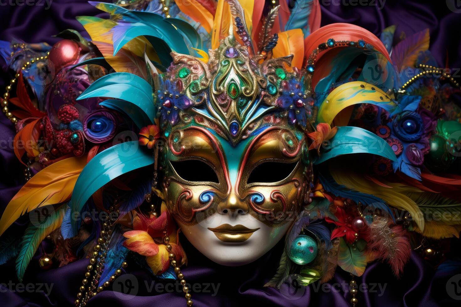 Colorful venetian carnival mask with feathers and jewels resting on purple satin photo