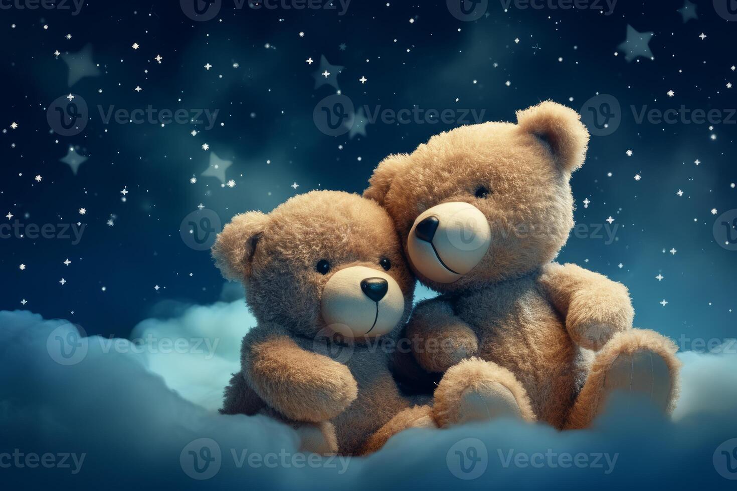 Two teddy bears sitting on clouds gazing at starry night sky photo