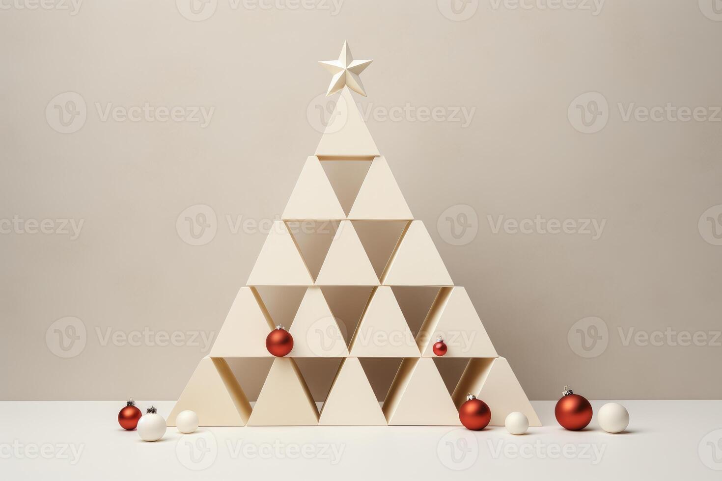 Modern christmas tree made of triangles with red and white baubles celebrating christmas time photo
