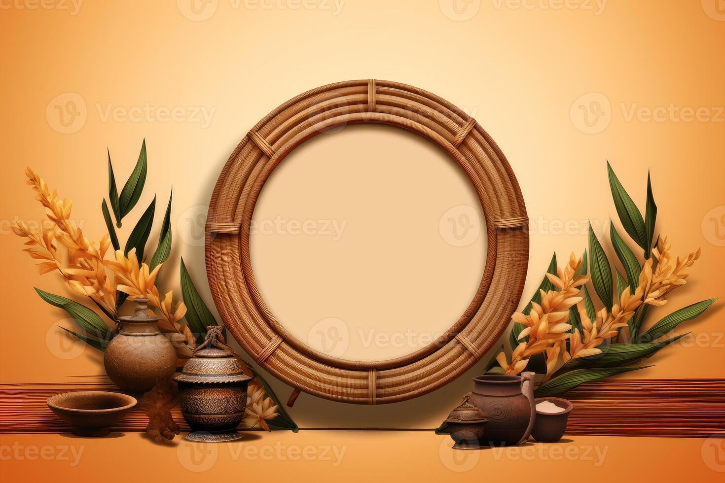 Round rattan frame with tropical flowers and pottery on wooden shelf photo