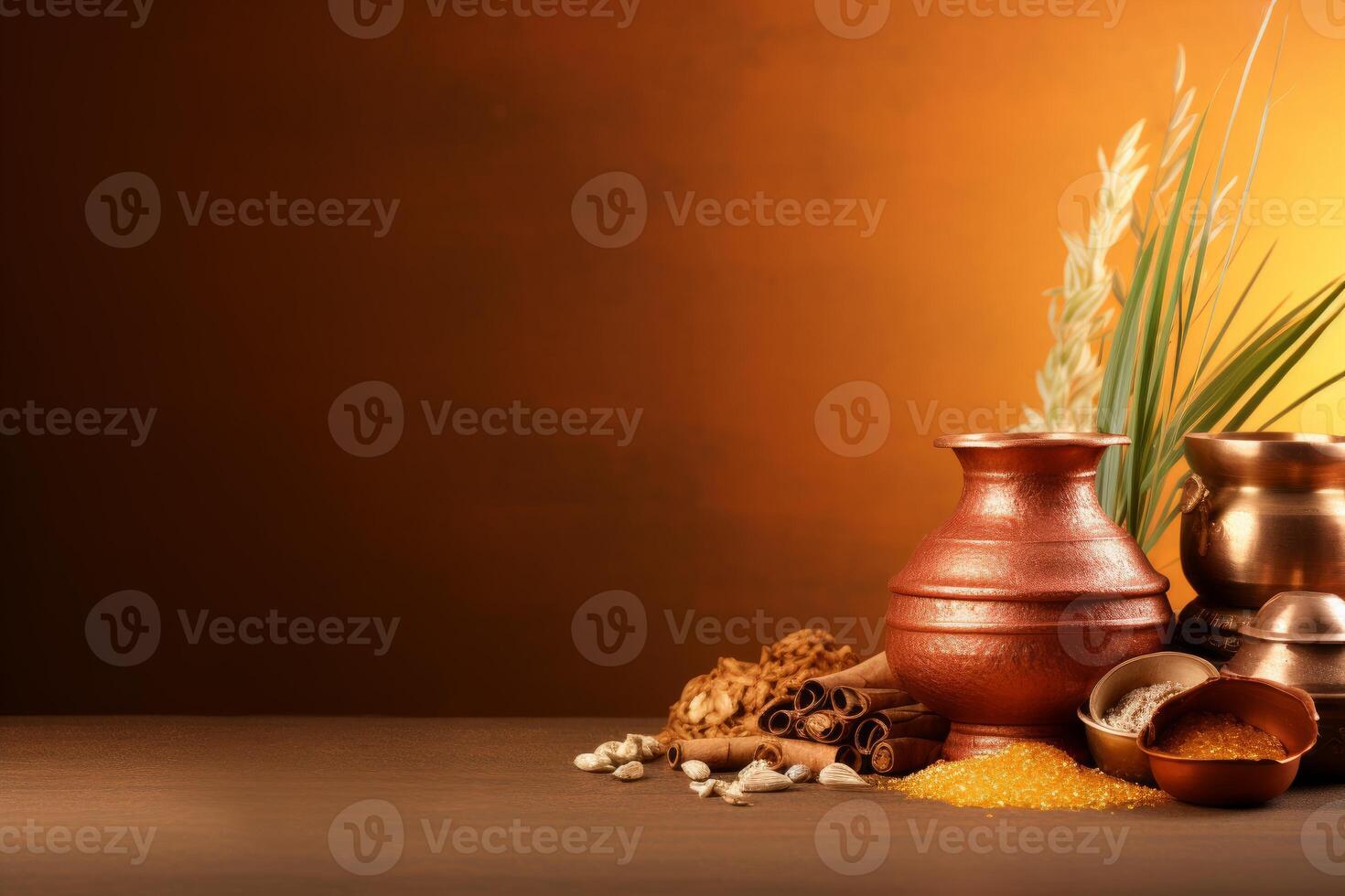 Copper utensils, spices, and grains creating a warm, earthy culinary scene photo