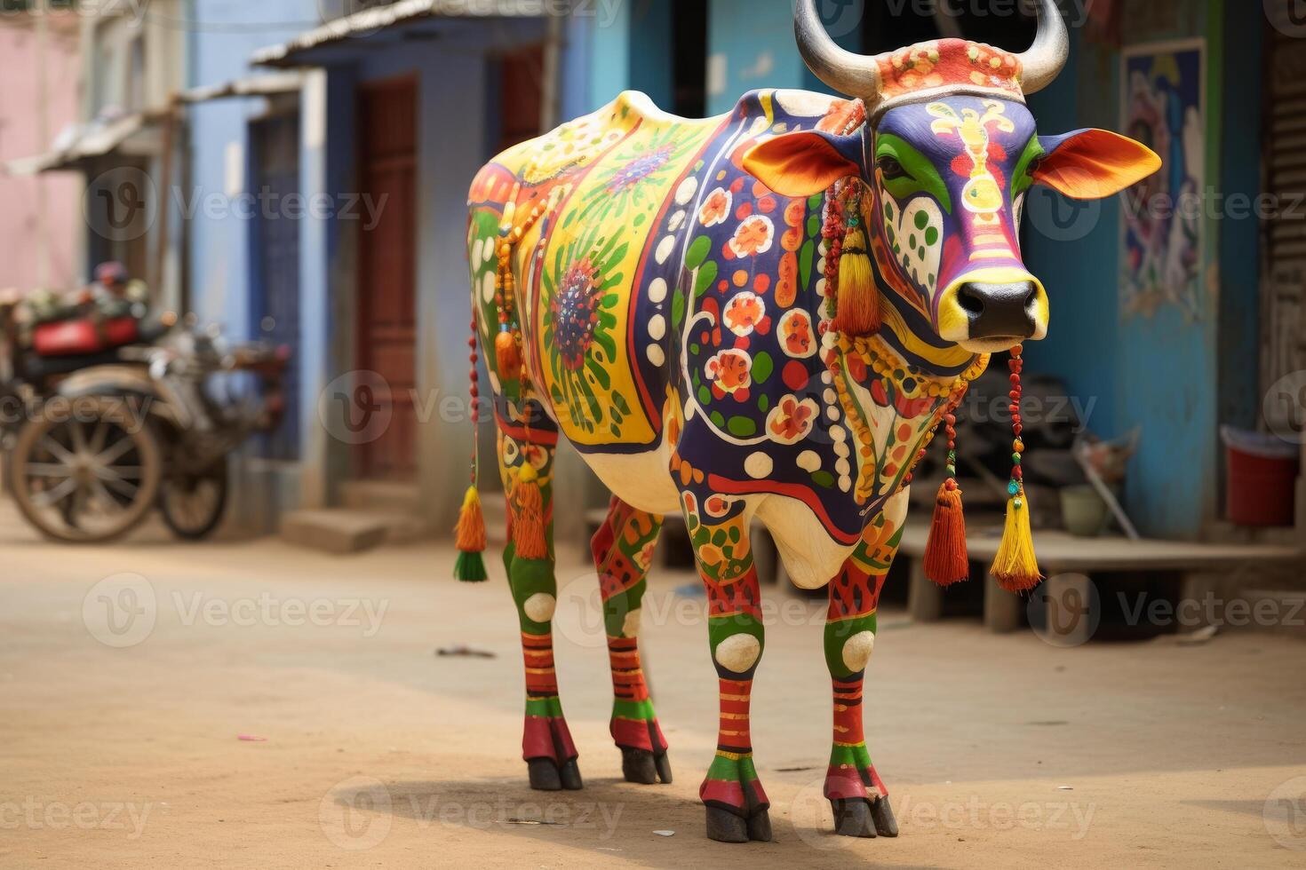 Colorful painted cow statue standing in a traditional indian street photo