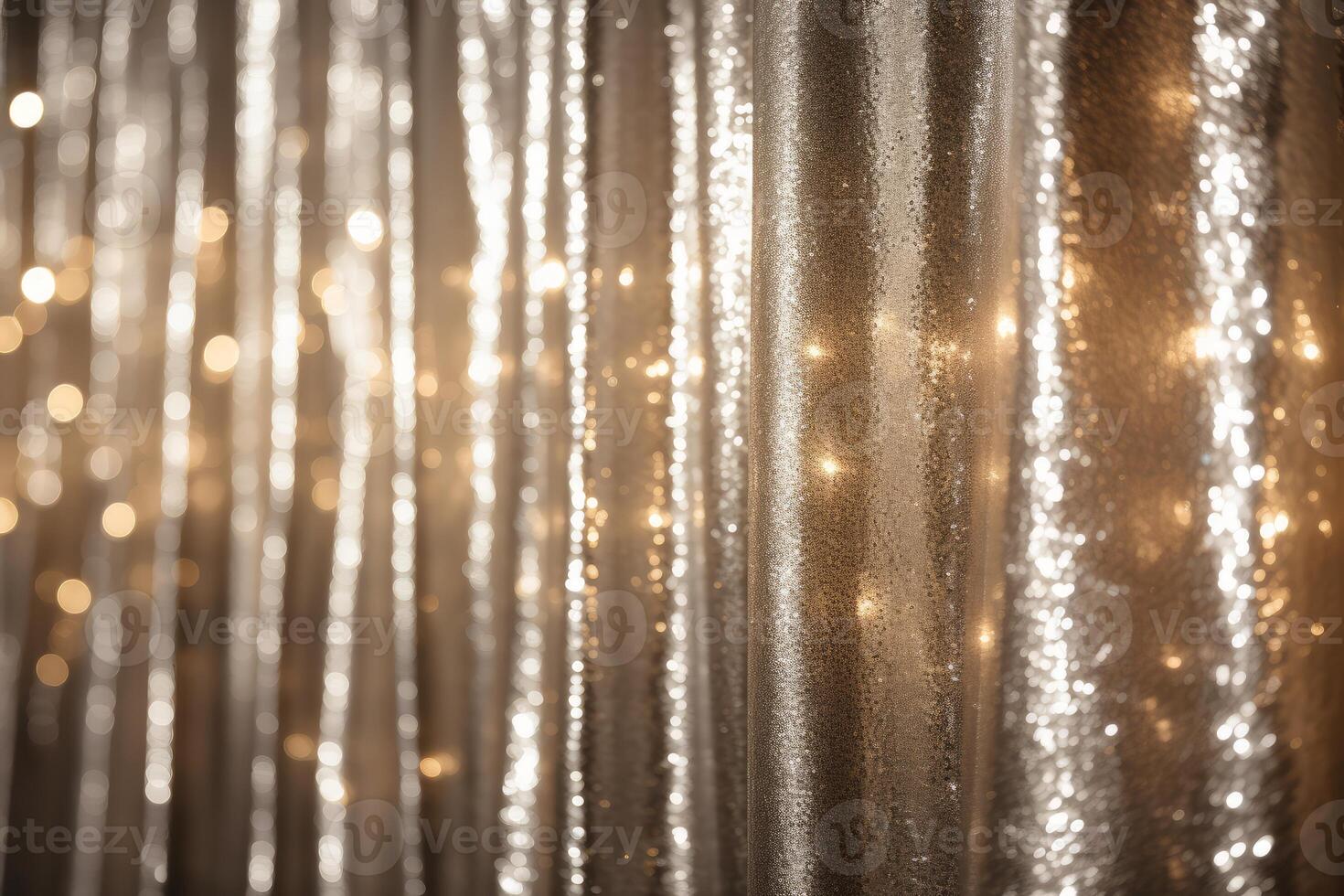 Shiny festive background with hanging gilded curtains and sparkling lights photo