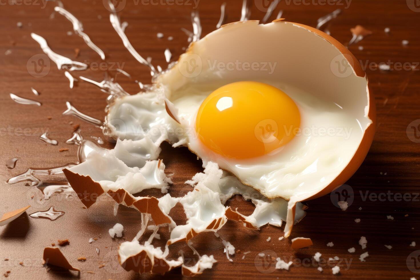 Broken eggshell revealing fried egg on wooden table photo