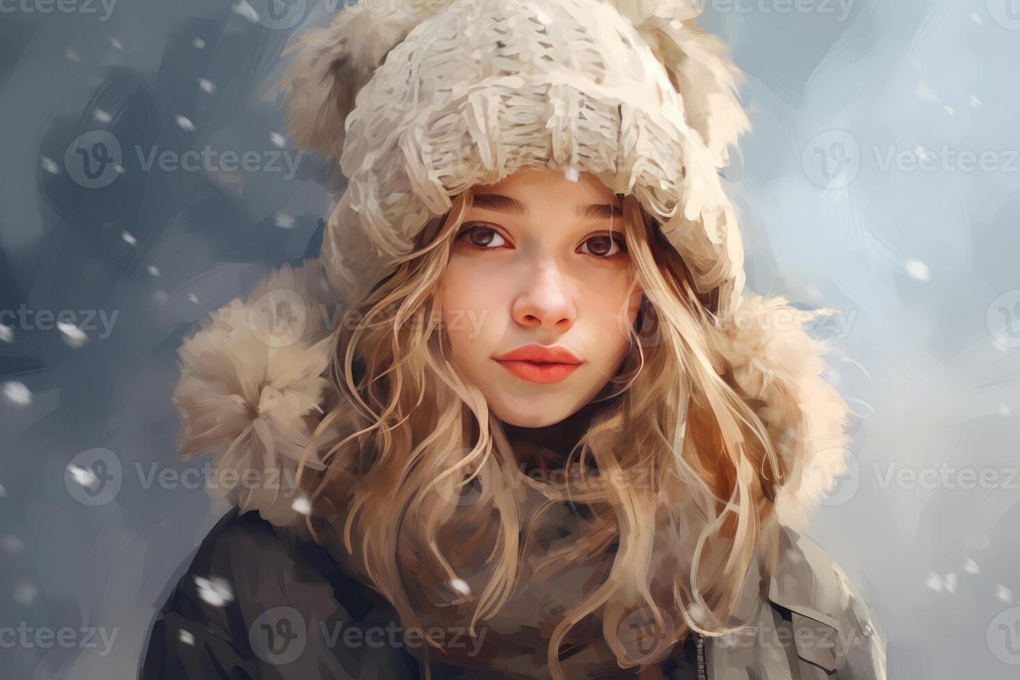 Blonde woman wearing winter clothes while snowing photo