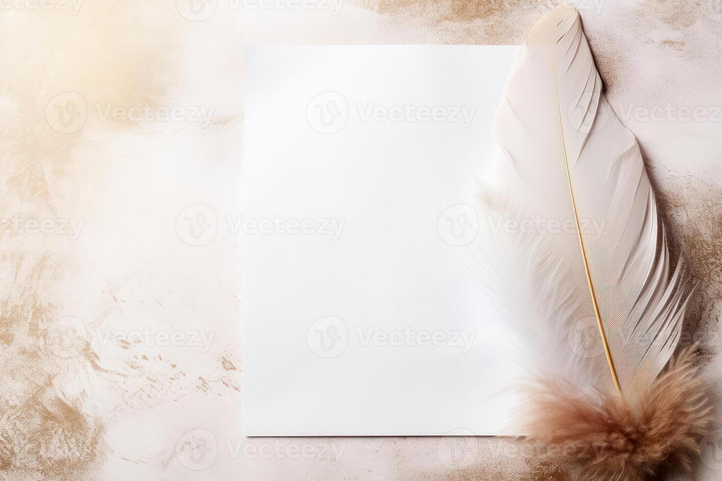Blank paper with feather pen on decorative background for copy space photo