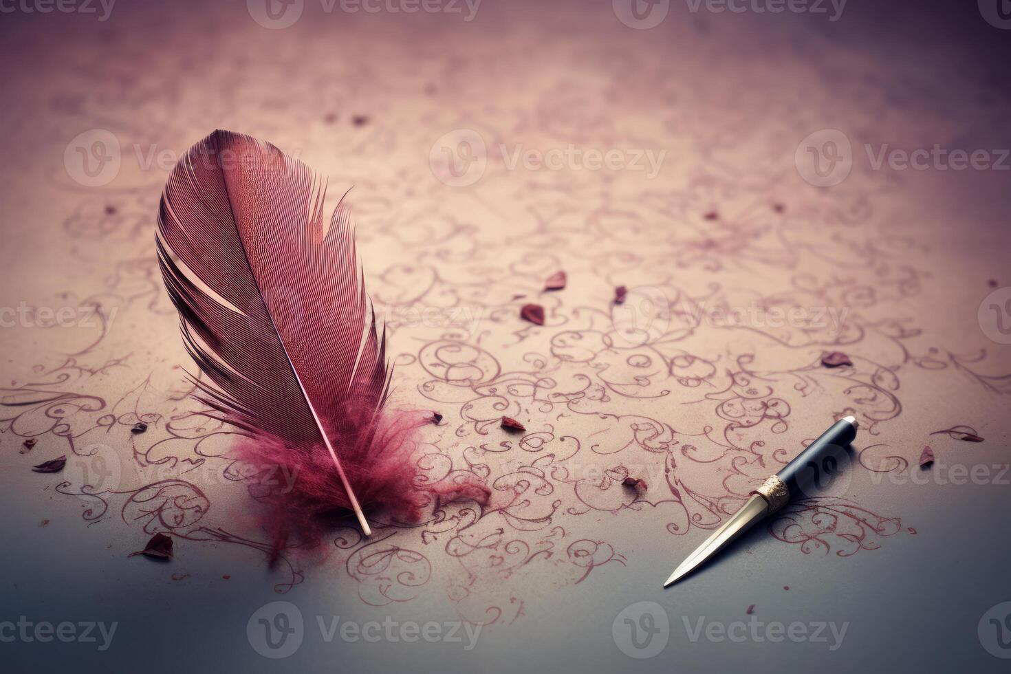 Red feather quill pen and knife resting on ornate paper with dried petals photo