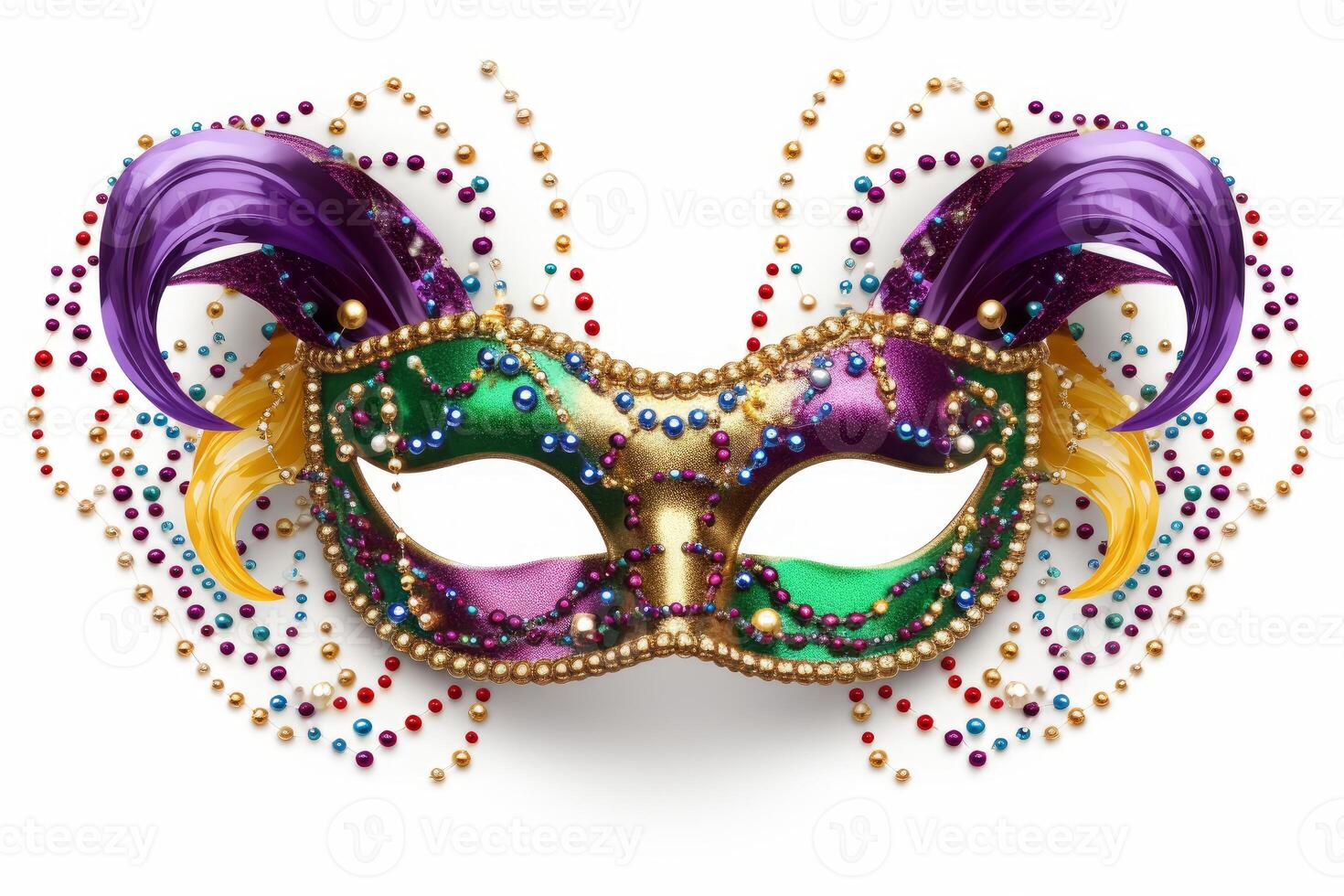 Colorful mardi gras mask with feathers and beads on white background photo