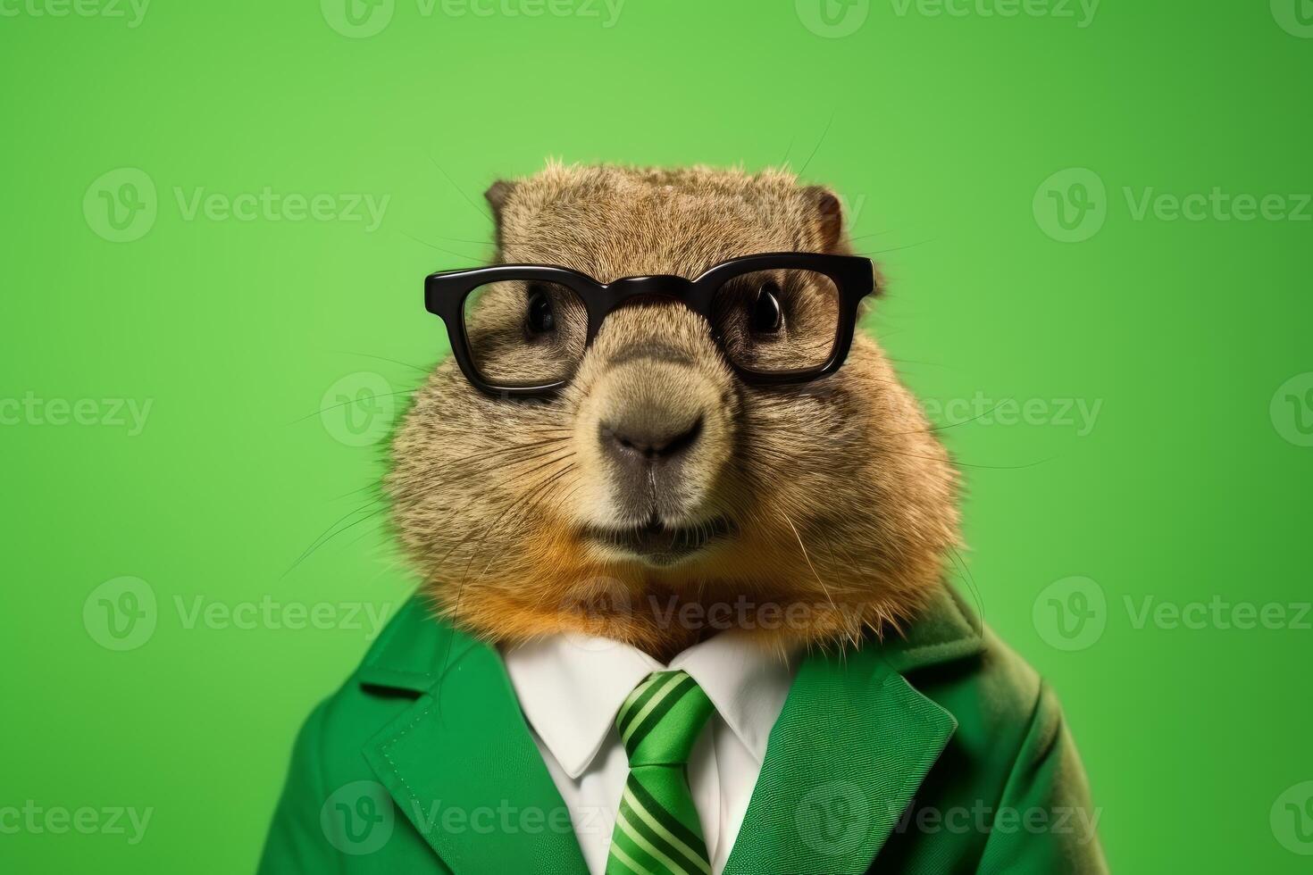 Groundhog wearing green suit and glasses for groundhog day photo