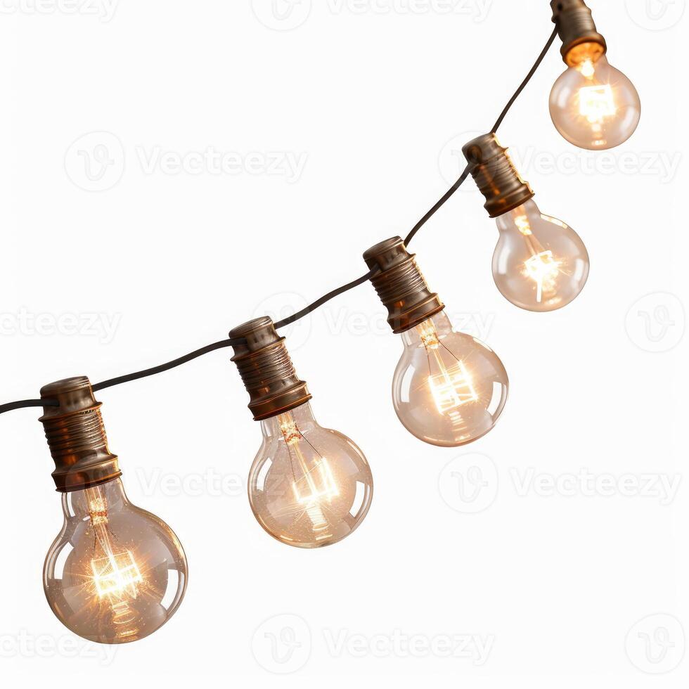 String of retro light bulbs hanging on white background photo
