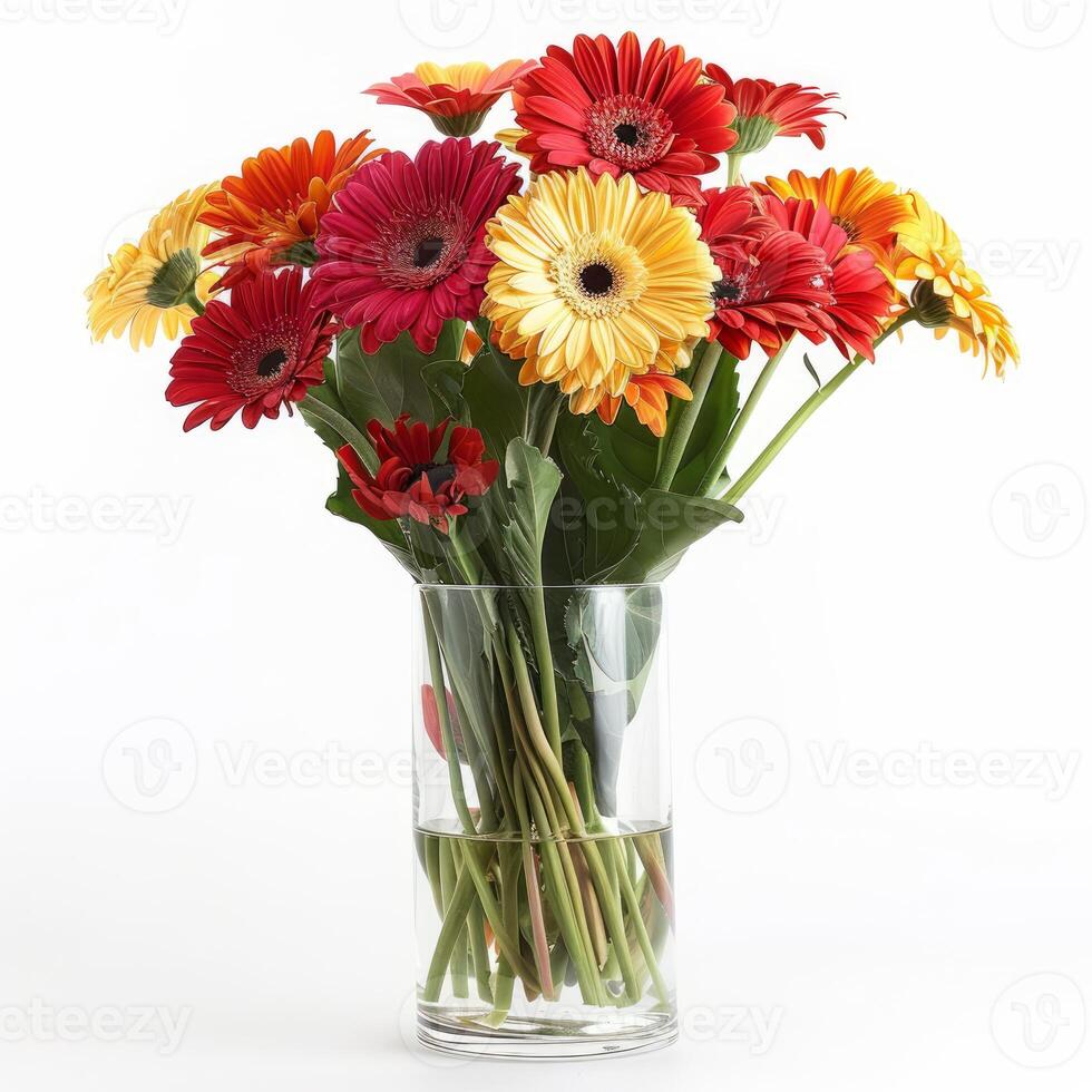 Bouquet of colorful gerbera daisies standing in a glass vase on white background photo