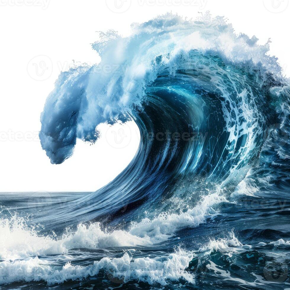 Giant blue ocean wave breaking over white background photo