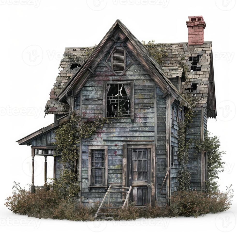 Abandoned house falling apart with broken windows and overgrown shrubs photo