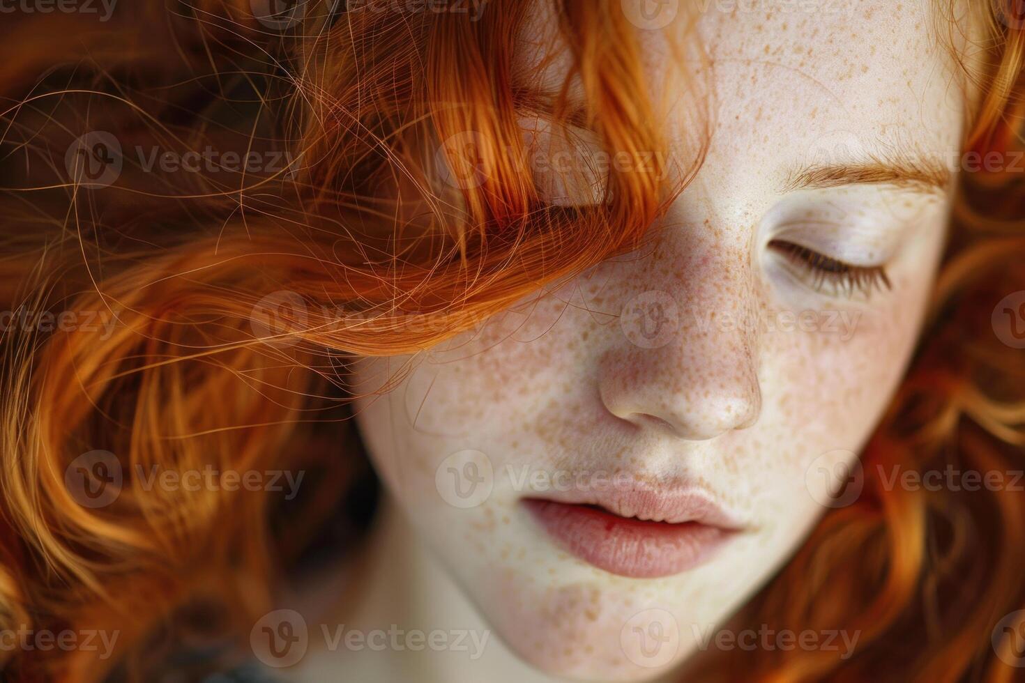 Redhead model with freckles closing eyes and long, flowing hair photo