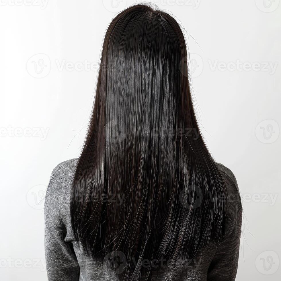 Woman showing her long straight black hair back view photo