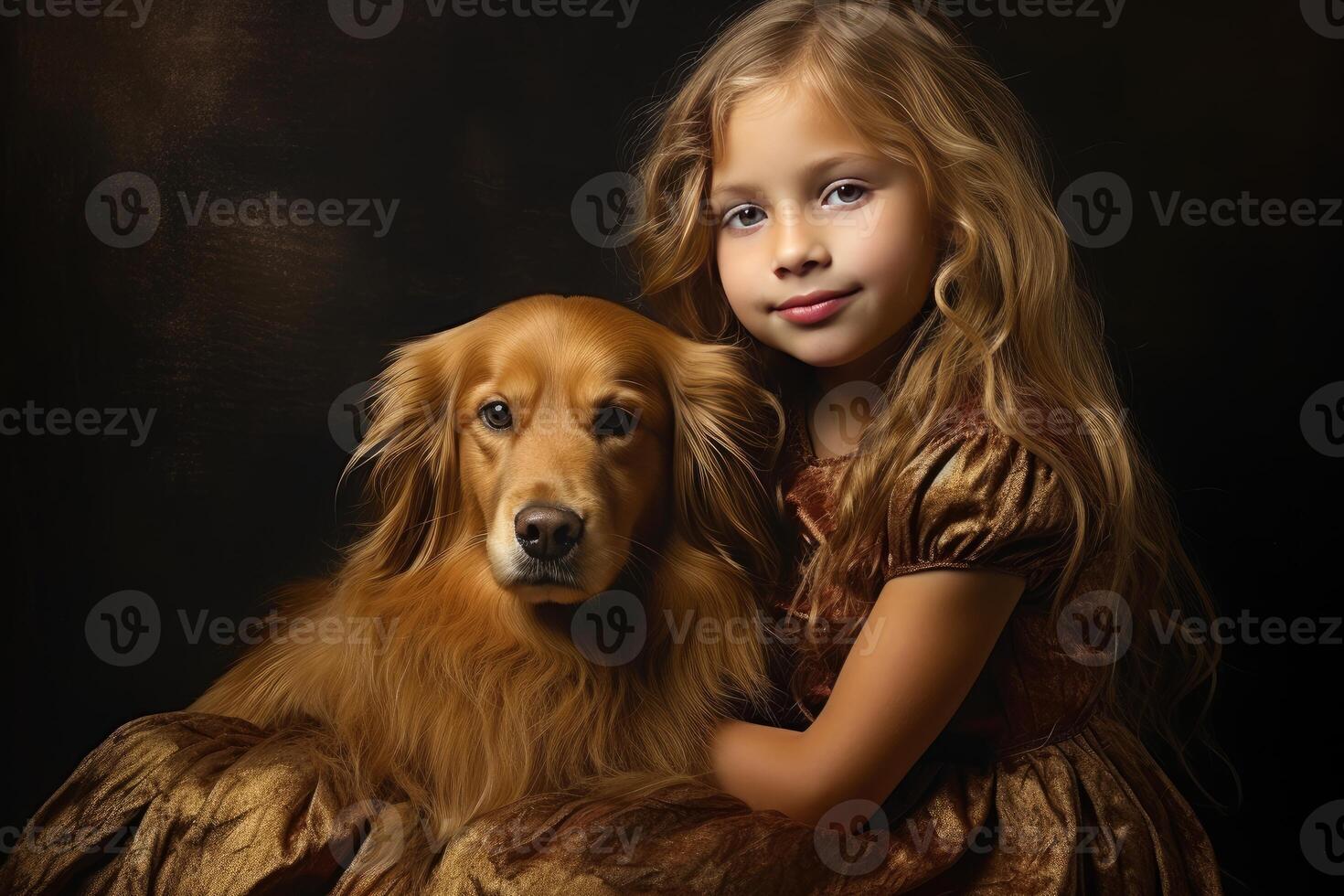 Young girl embracing golden retriever in studio portrait photo