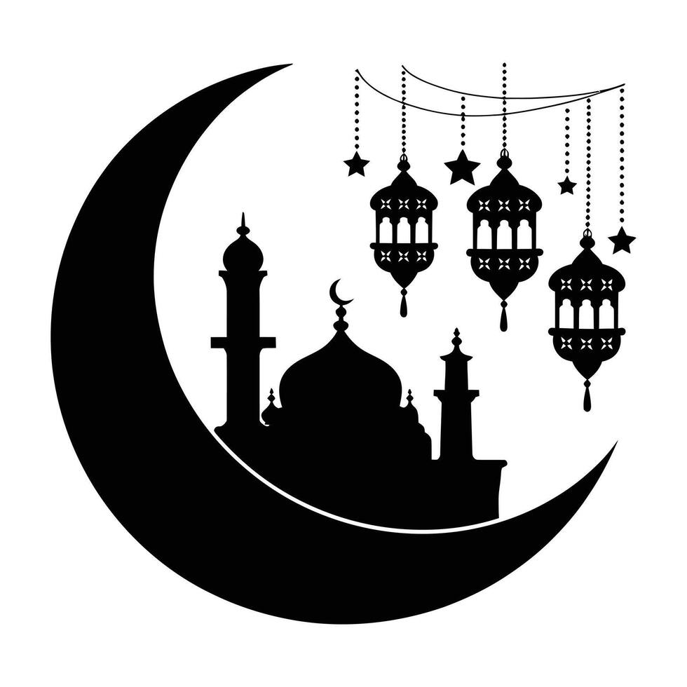 Islamic Mosque Silhouette with Crescent Moon and Lanterns vector