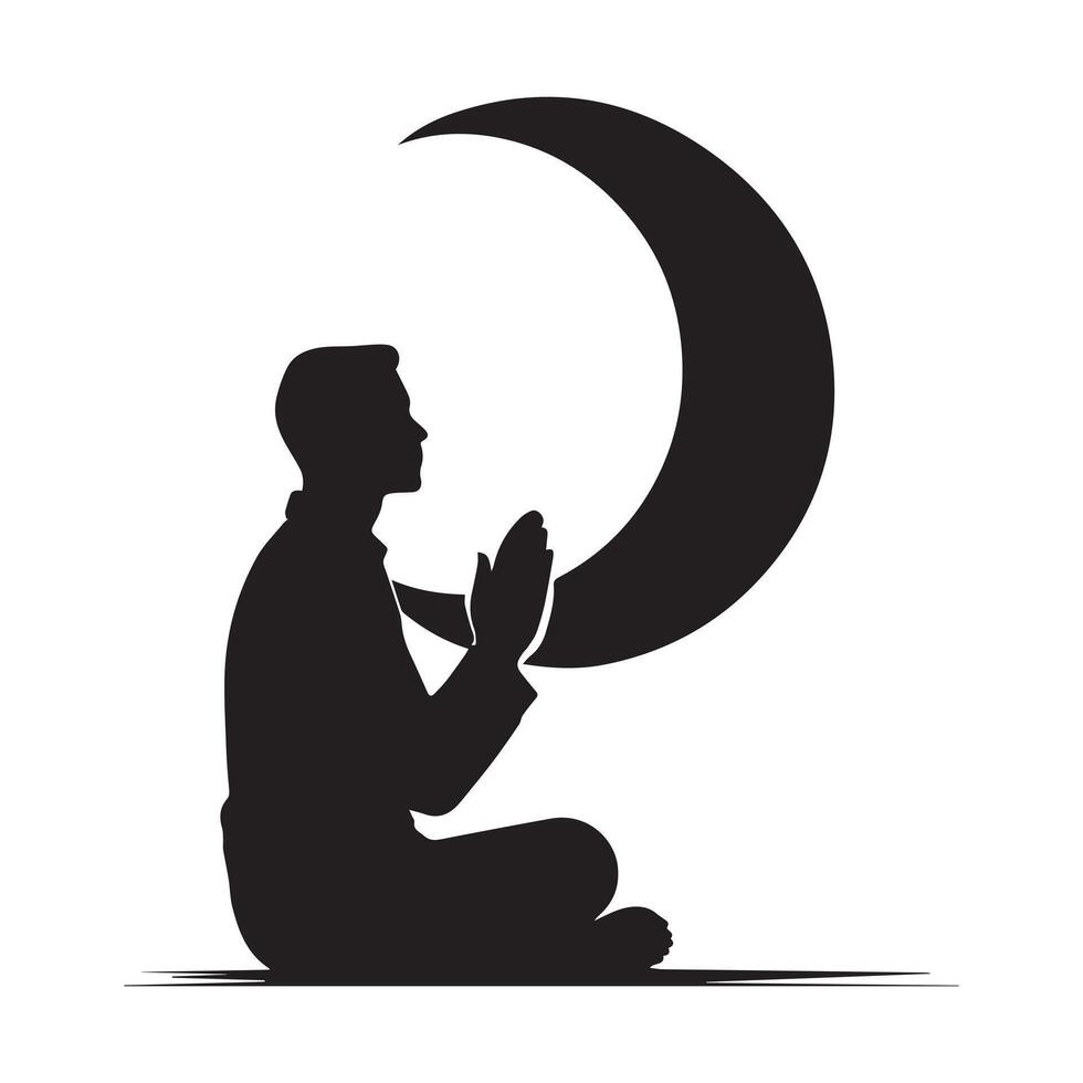 A simple, elegant silhouette of a man in prayer, hands clasped, seated in a profile view, with a large crescent moon above him. vector