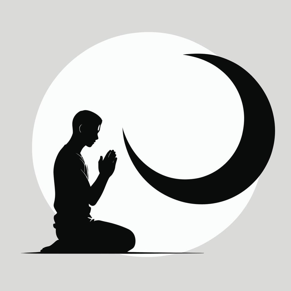 A simple, impactful silhouette of a person kneeling in prayer, hands clasped, positioned against a backdrop of a large crescent moon within a circular halo. vector